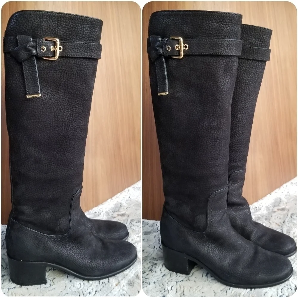 LOUIS VUITTON Black Grained Leather Suede Knee High Boots 35.5 - Picture 4 of 17